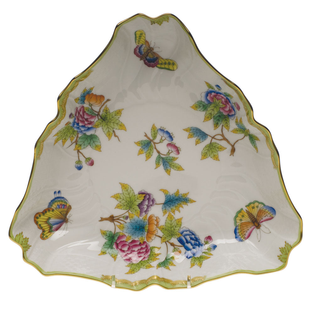 Herend Queen Victoria Triangle Dish 9.5"l - Green Border