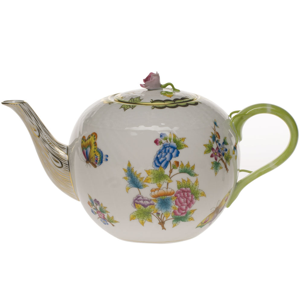 Herend Queen Victoria Tea Pot W/rose (84 Oz) 6.75"h - Green Border
