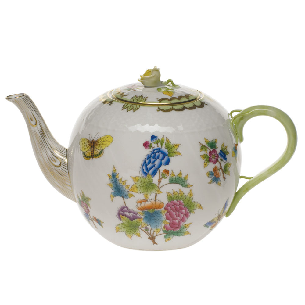 Herend Queen Victoria Tea Pot W/rose (60 Oz) 6.5"h - Green Border