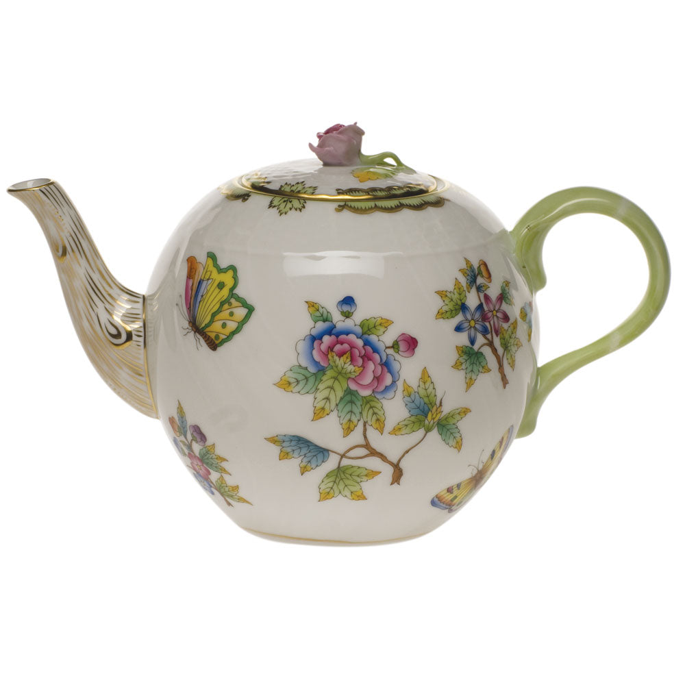 Herend Queen Victoria Tea Pot W/rose (36 Oz) 5.5"h - Green Border