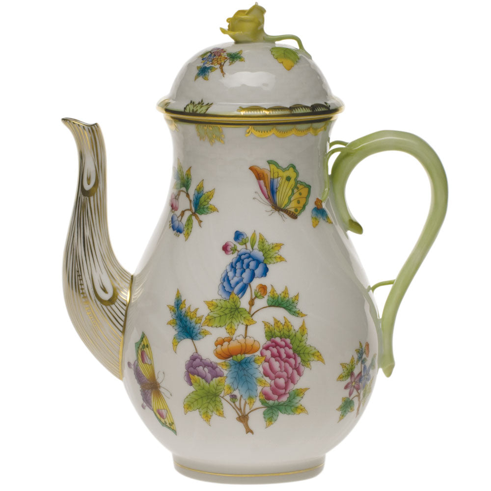 Herend Queen Victoria Coffee Pot W/rose (60 Oz) 10"h - Green Border