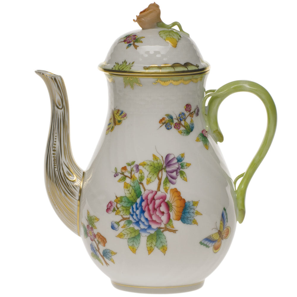Herend Queen Victoria Coffee Pot W/rose (36 Oz) 8.5"h - Green Border