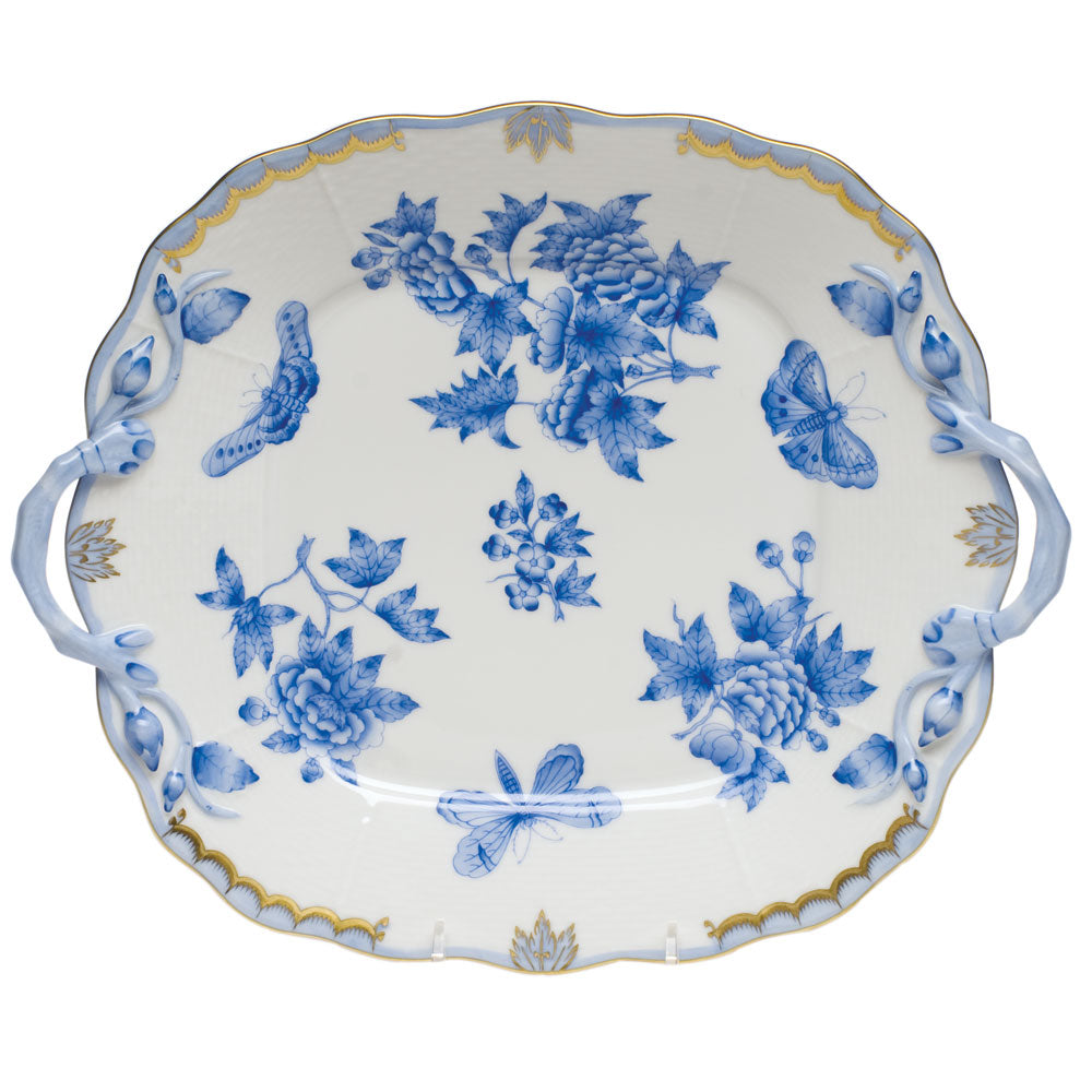 Herend Vbo Blue (fortuna Blue) Square Cake Plate W/handles 9.5"sq