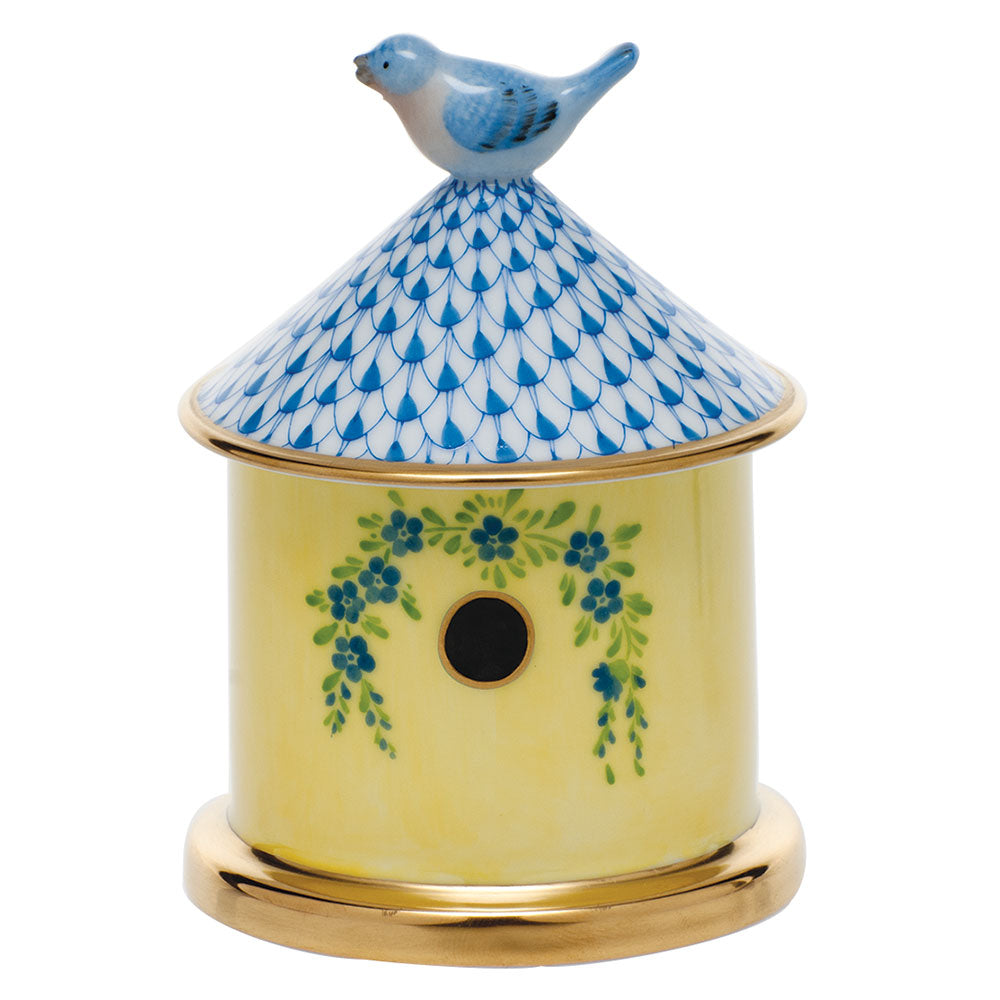 Herend Fishnet Blue Bird House Box 3"d X 4"h