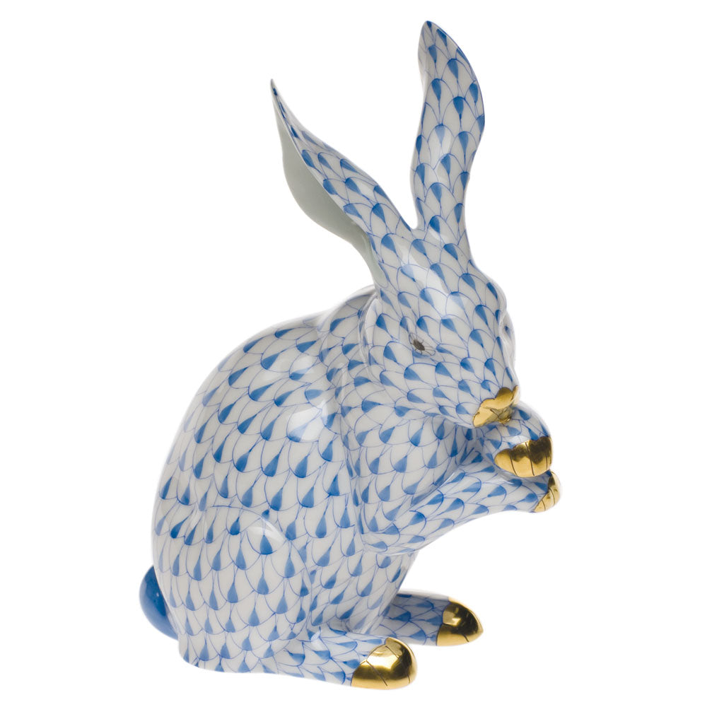 Herend Fishnet Blue Medium Bunny W/paws Up 6"h