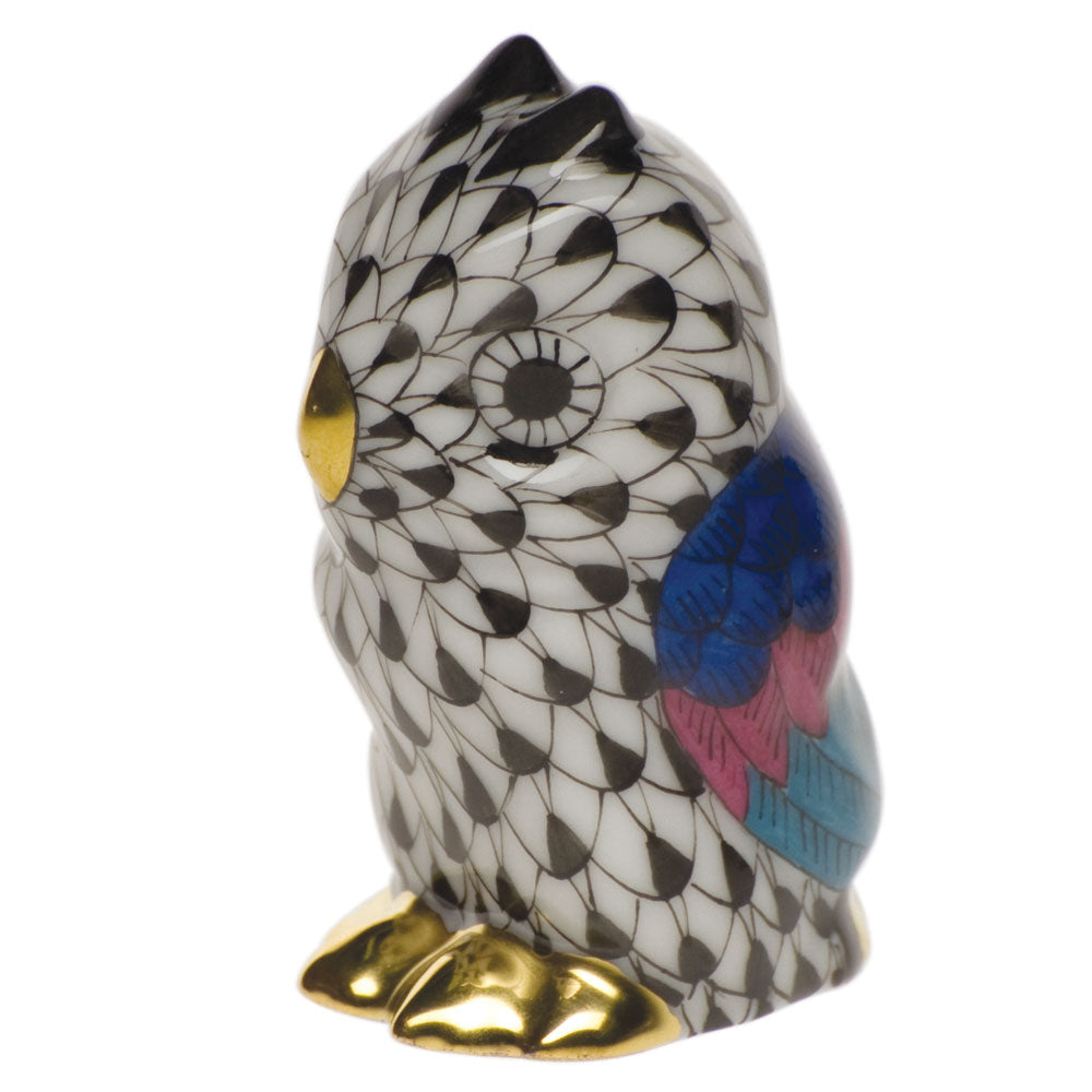 Herend Fishnet Black Owl Miniature 1.75"h