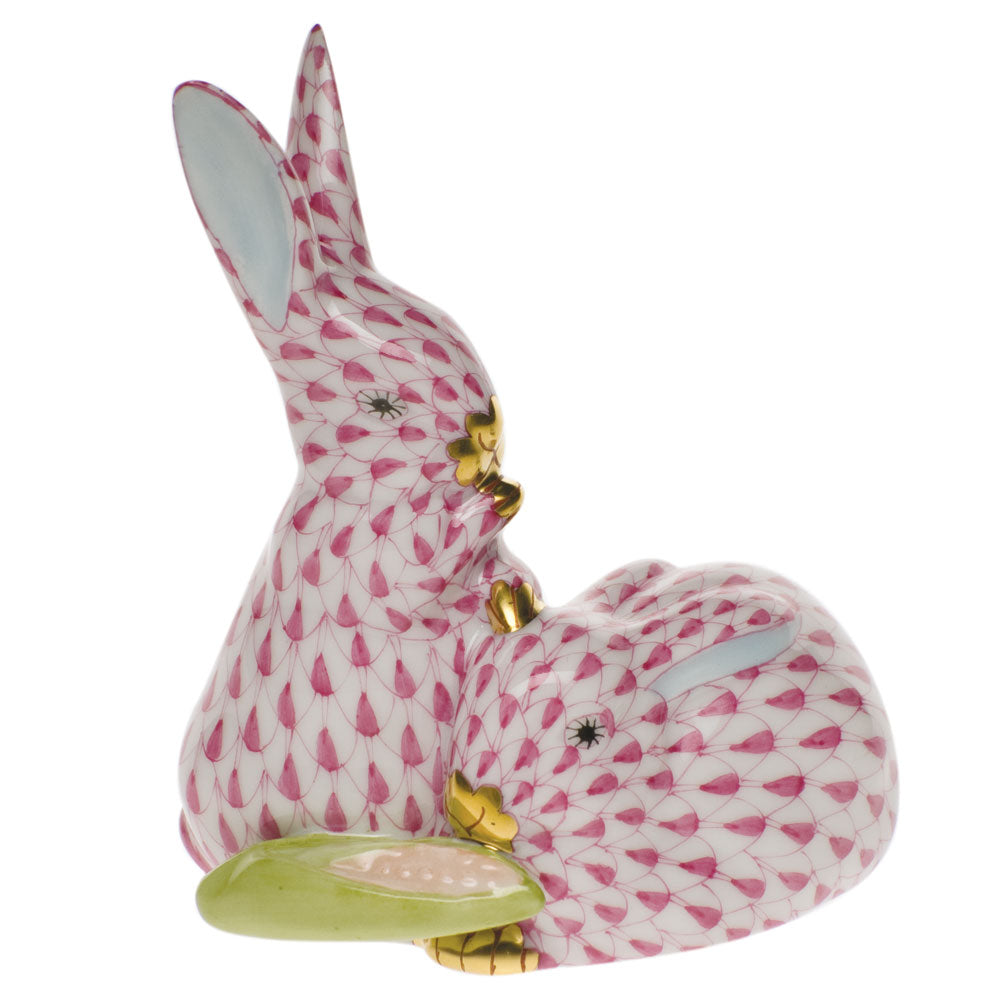 Herend Fishnet Raspberry (pink) Pair Of Rabbits W/corn 3.25"h