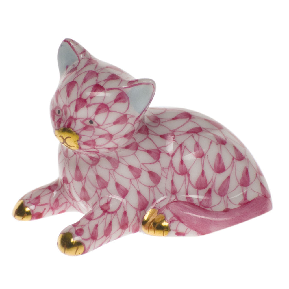 Herend Fishnet Raspberry (pink) Miniature Kitten 1.5"l X 1"h
