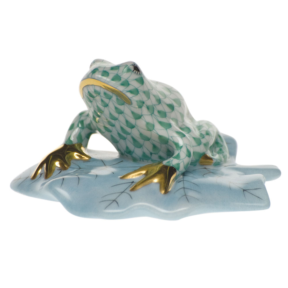 Herend Fishnet Green Frog On Lily Pad 1.75"h