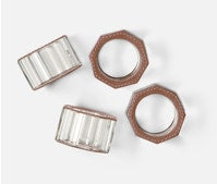 Full-Grain Leather/Clear Glass Crystal Napkin Ring - Boxed Set of 4