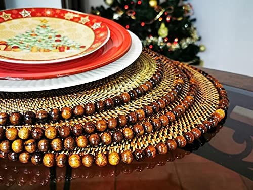 Round Placemat w/ Beads, Dark Walnut, Set of 4 pcs