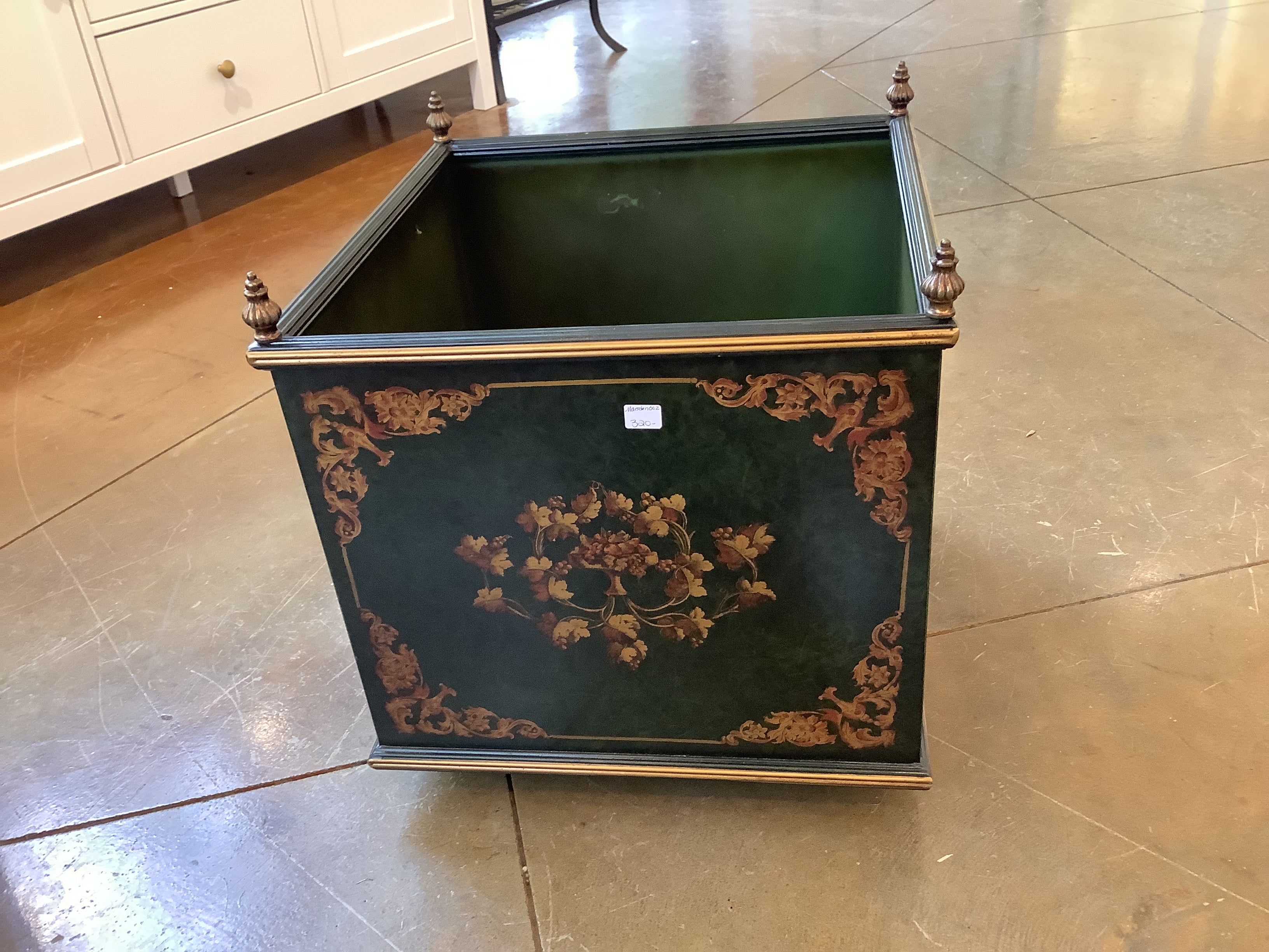 Jane Marsden green and gold tole painted metal rolling planter