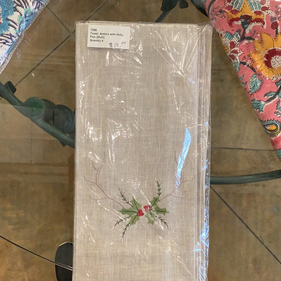 Guest Towel Antlers with Holly, Flax
