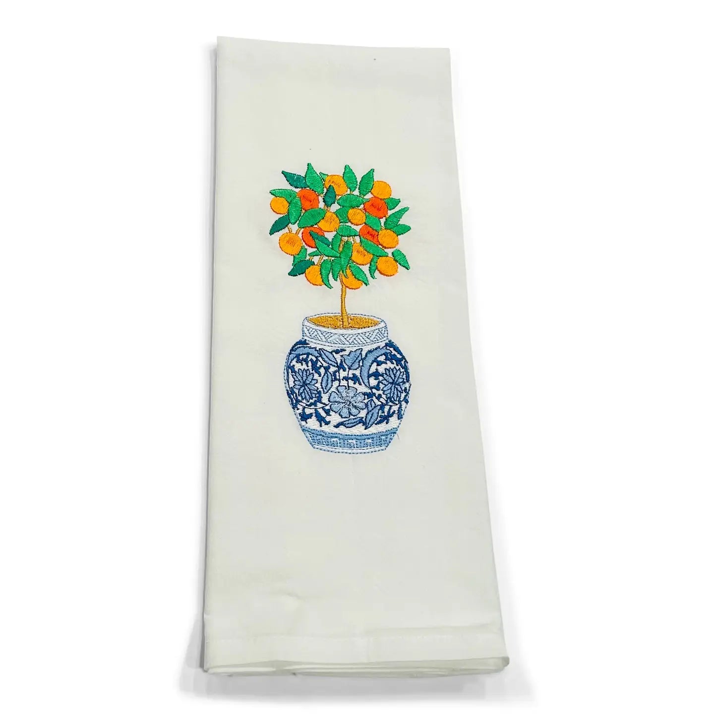 Tea Towel — Orange Tree in Blue and White Planter Pot on White