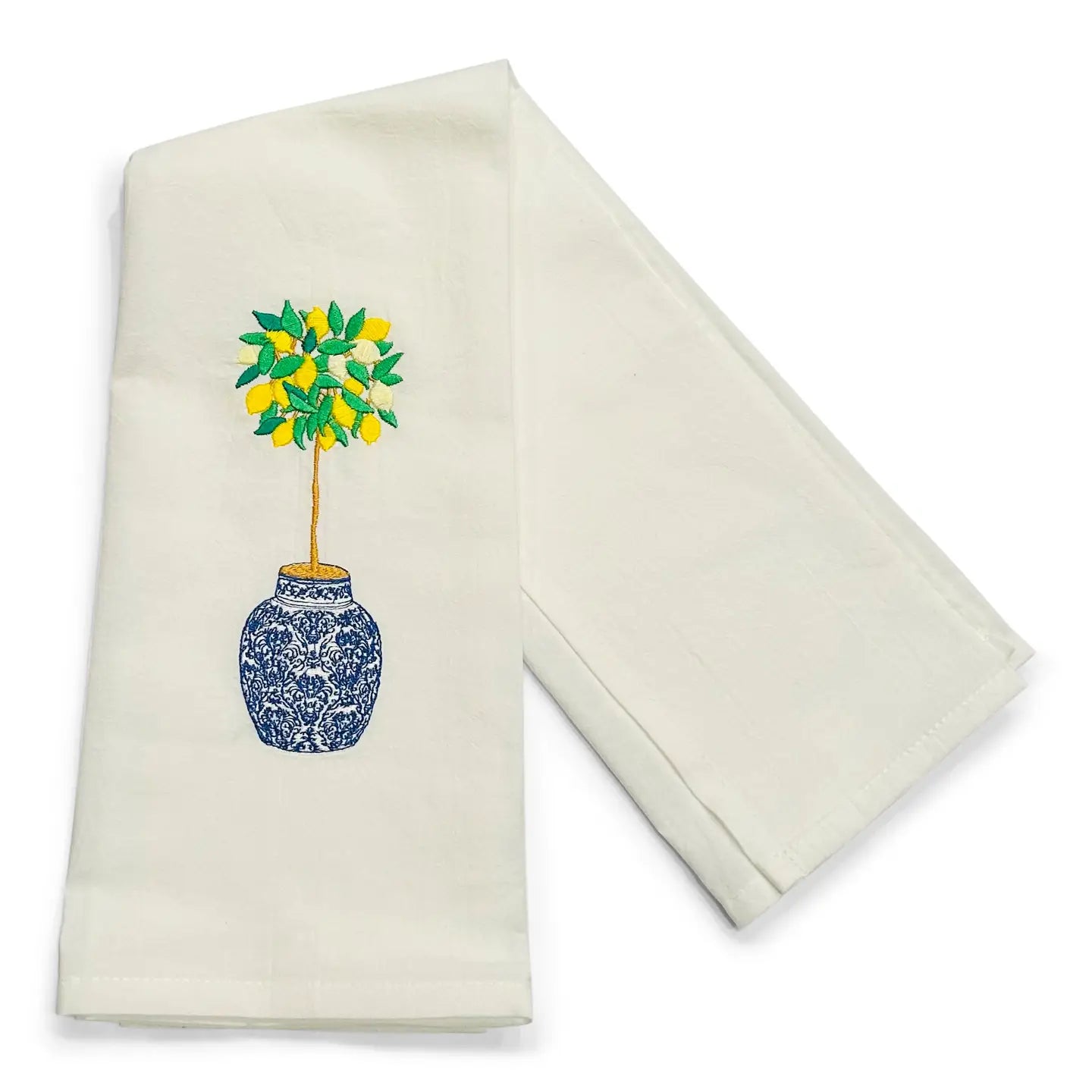 Tea Towel — Lemon Tree in Blue and White Planter Pot on White
