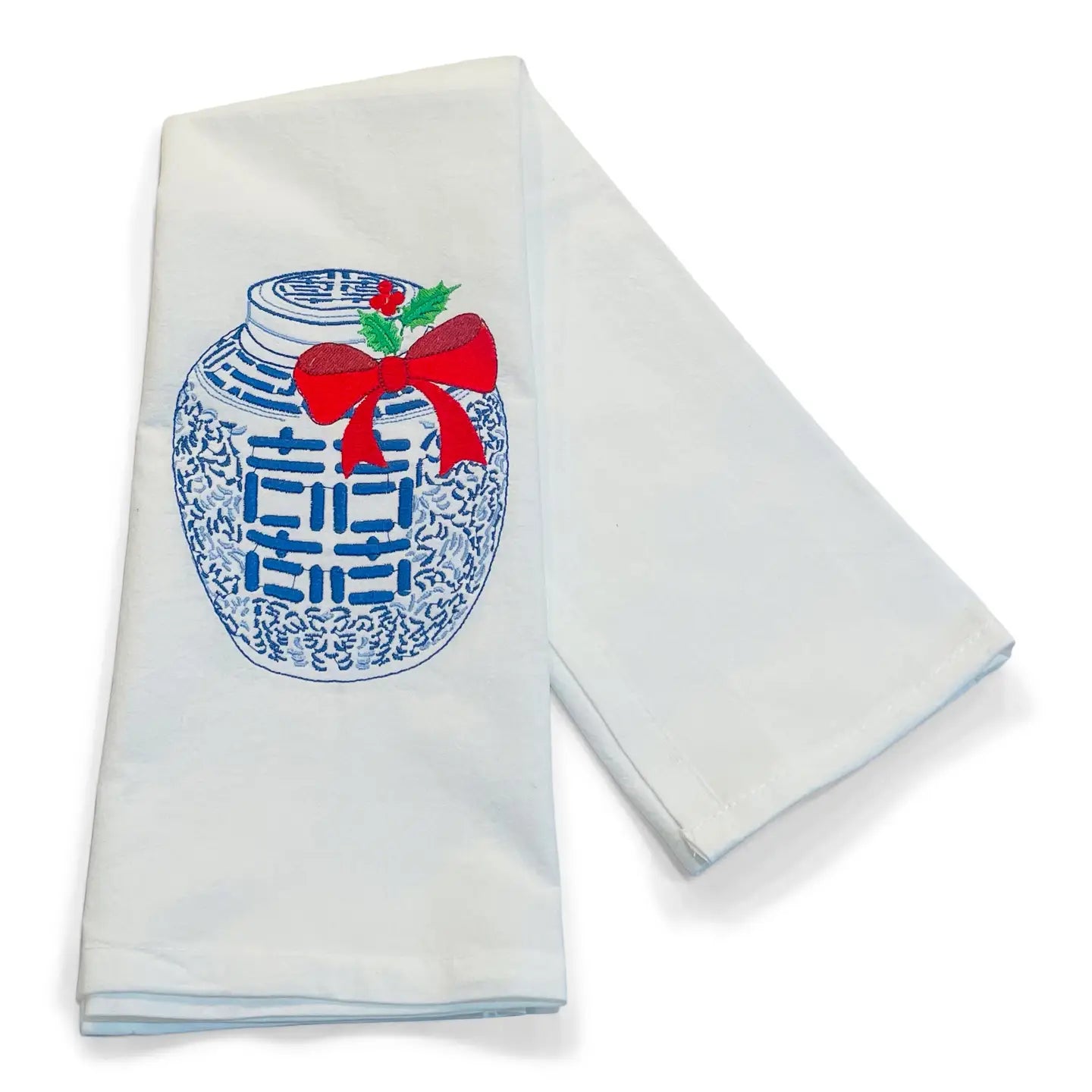 Tea Towel — Ginger Jar with Red Bow with White