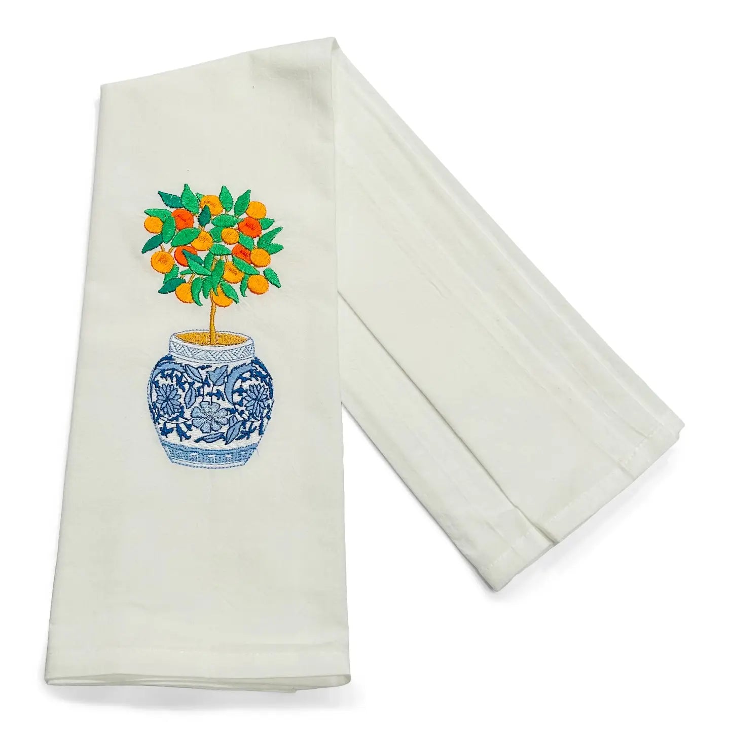 Tea Towel — Orange Tree in Blue and White Planter Pot on White