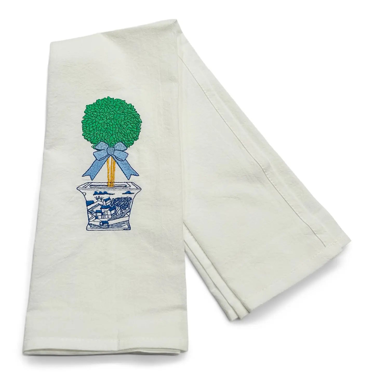 Tea Towel — Topiary with Blue Bow On White