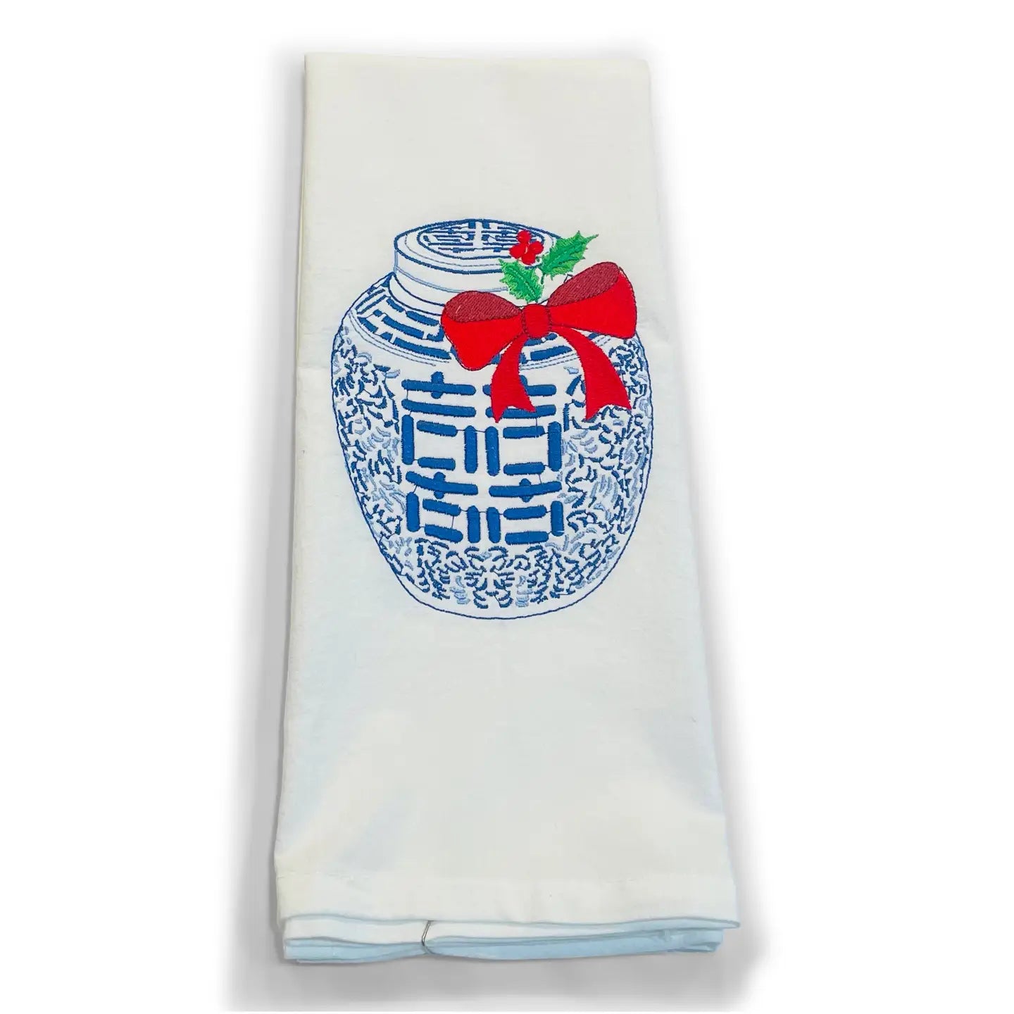 Tea Towel — Ginger Jar with Red Bow with White