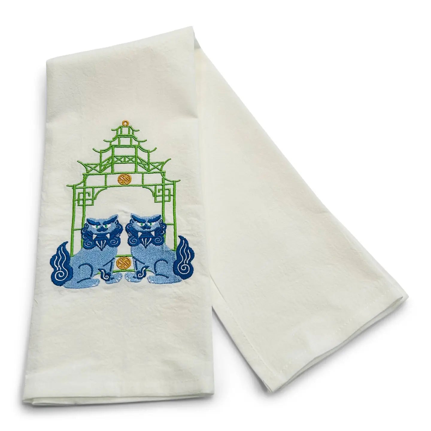 Tea Towel — Blue Shisa Lions with Green Pagoda on White