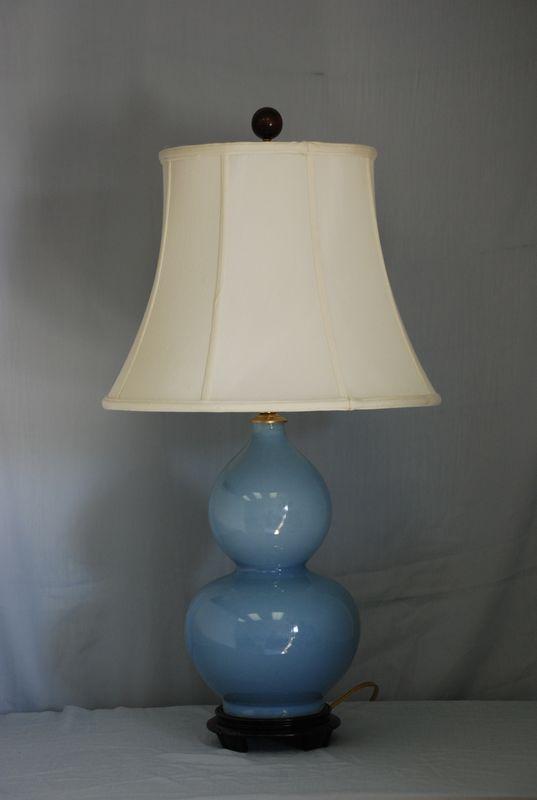 28” Porcelain Light Blue Gourd Lamp with Linen White Hard Back Drum Shade