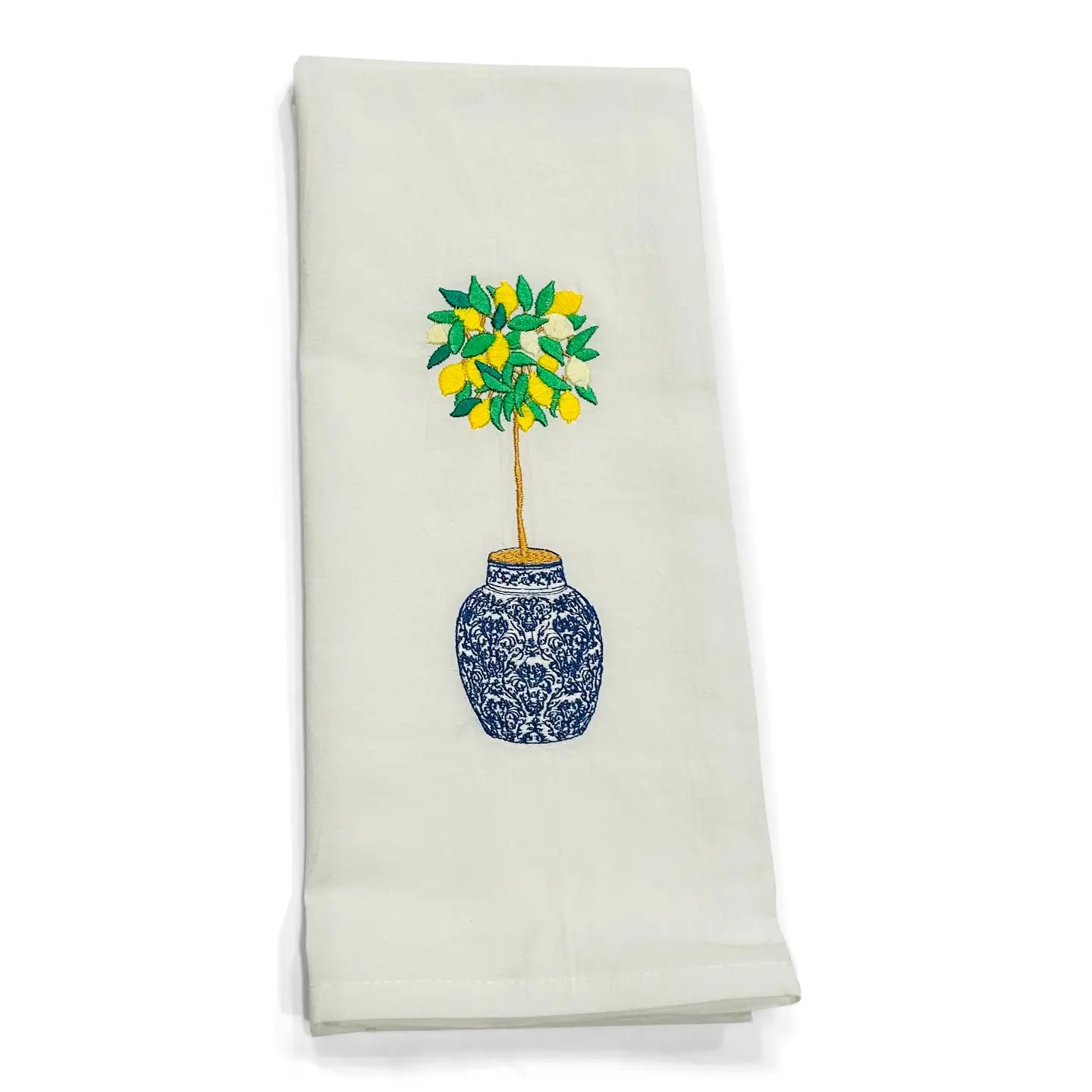 Tea Towel — Lemon Tree in Blue and White Planter Pot on White