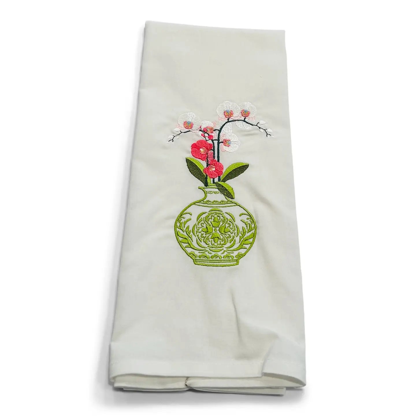 Tea Towel — Green and White Jar with Orchid