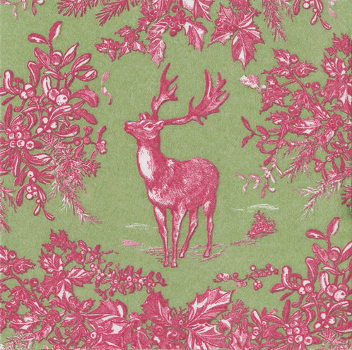 Stag Toile Raspberry/sage-Ppr Linen Napkin Airlaid Cocktail-15 In