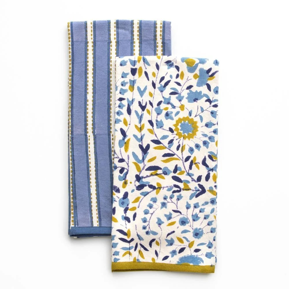 Starflower Blue & Ochre/Dotted Stripe Blue Tea Towel Set