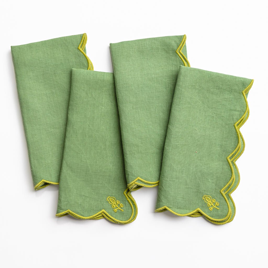 Scalloped Buti Embroidered Linen Napkin | Set of 4