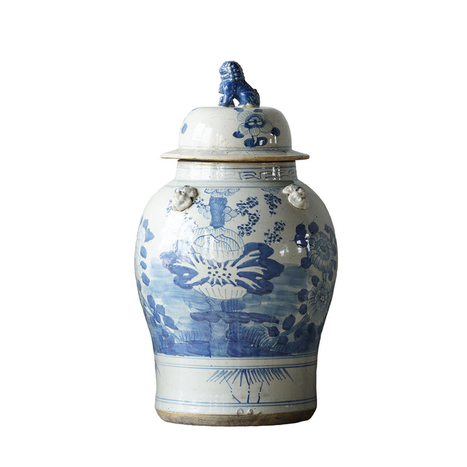 Hand Painted Temple Jar with Lotus (Blue)