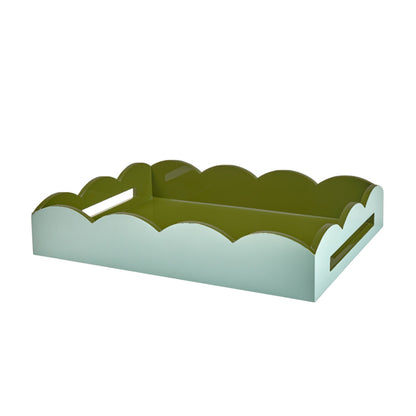17x13 Scalloped Medium Lacquered Tray Two-Tone Eau De Nil & Khaki