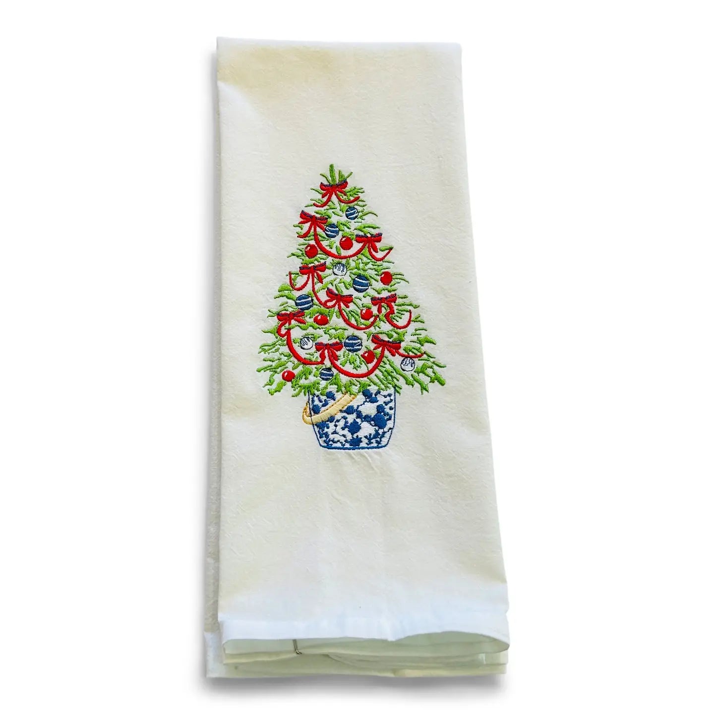 Tea Towel — Tree in Red Ribbon On White