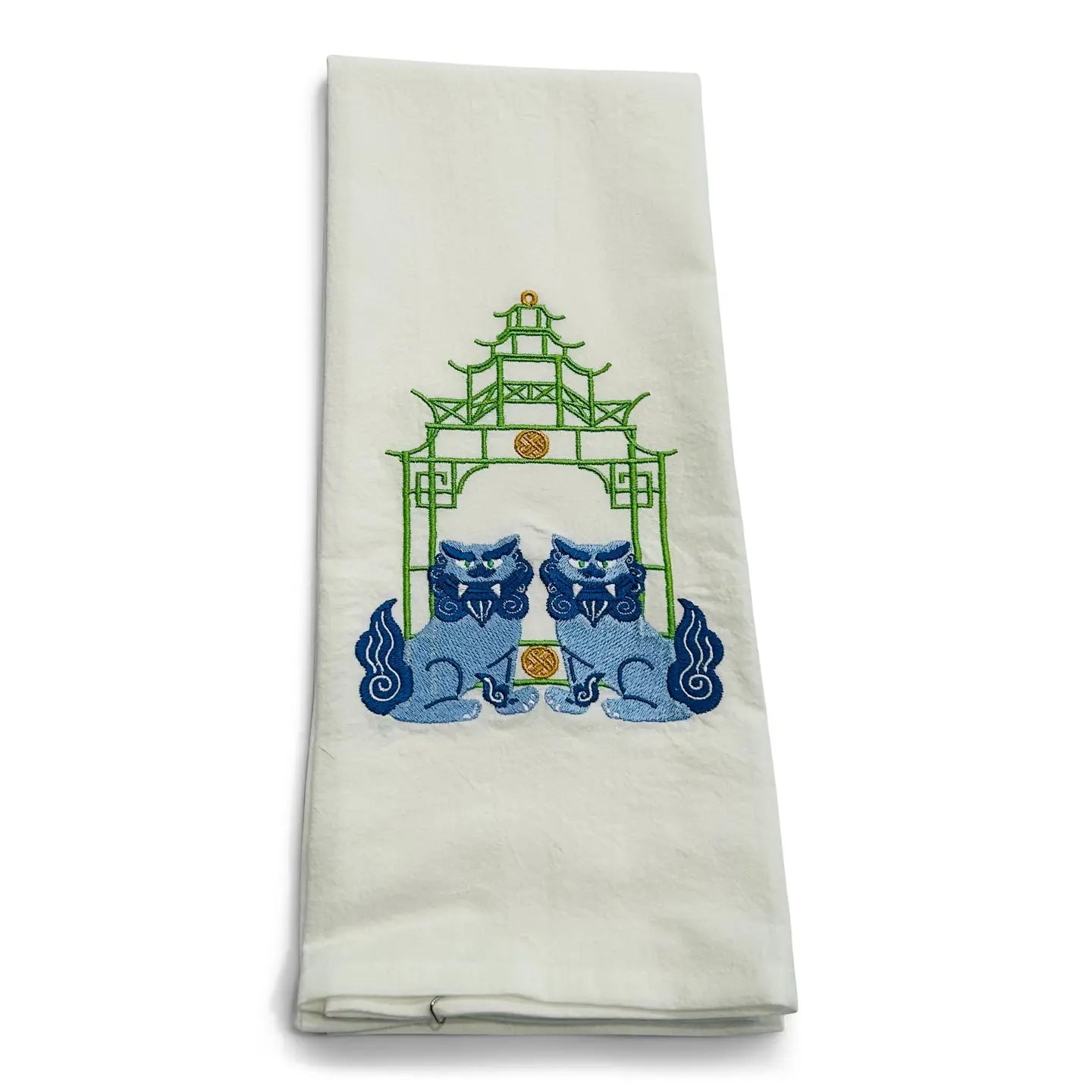 Tea Towel — Blue Shisa Lions with Green Pagoda on White