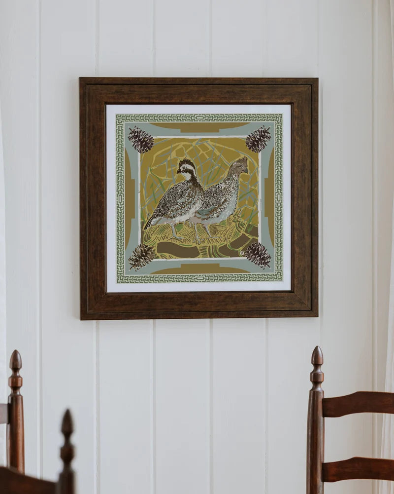 Quail Pair Framed Scarf Print