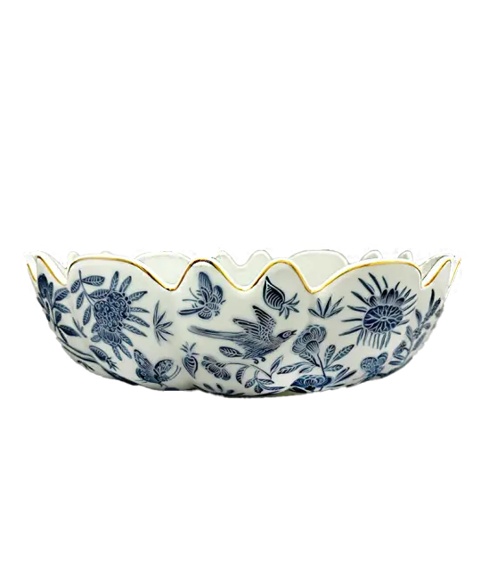 Sacred Bird & Butterfly Blue Scalloped Bowl