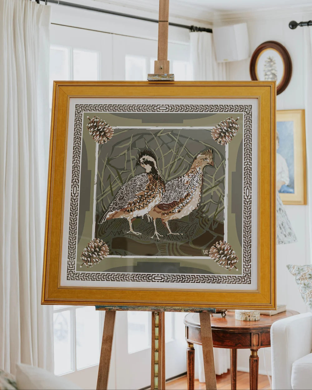 Quail Pair Framed Scarf Print