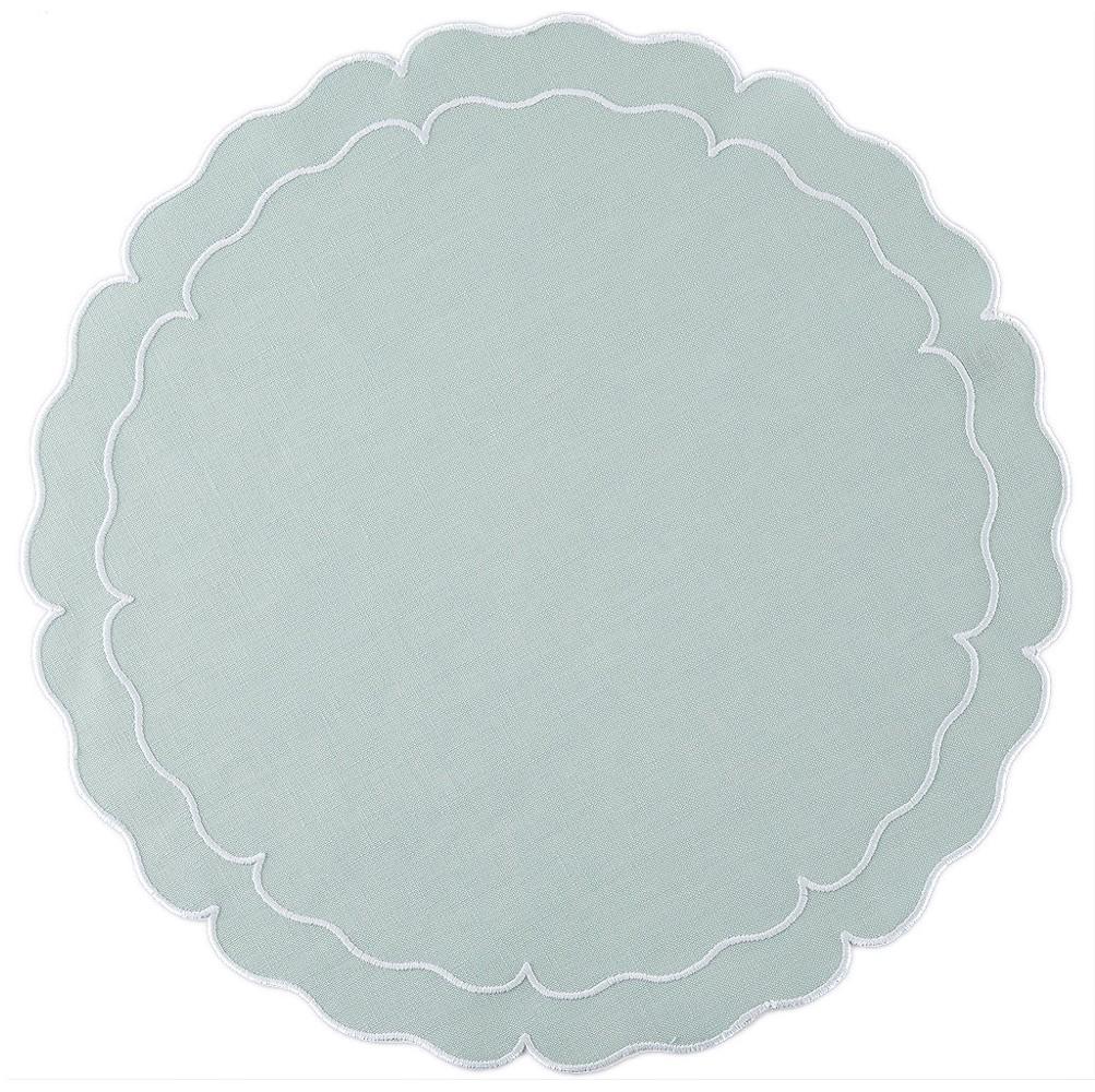 Linho Placemats Ice Blue/White Scalloped Round Set of 4