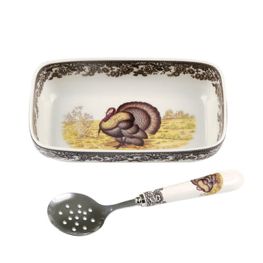Spode Woodland Turkey - Cranberry Dish with Slotted Spoon
