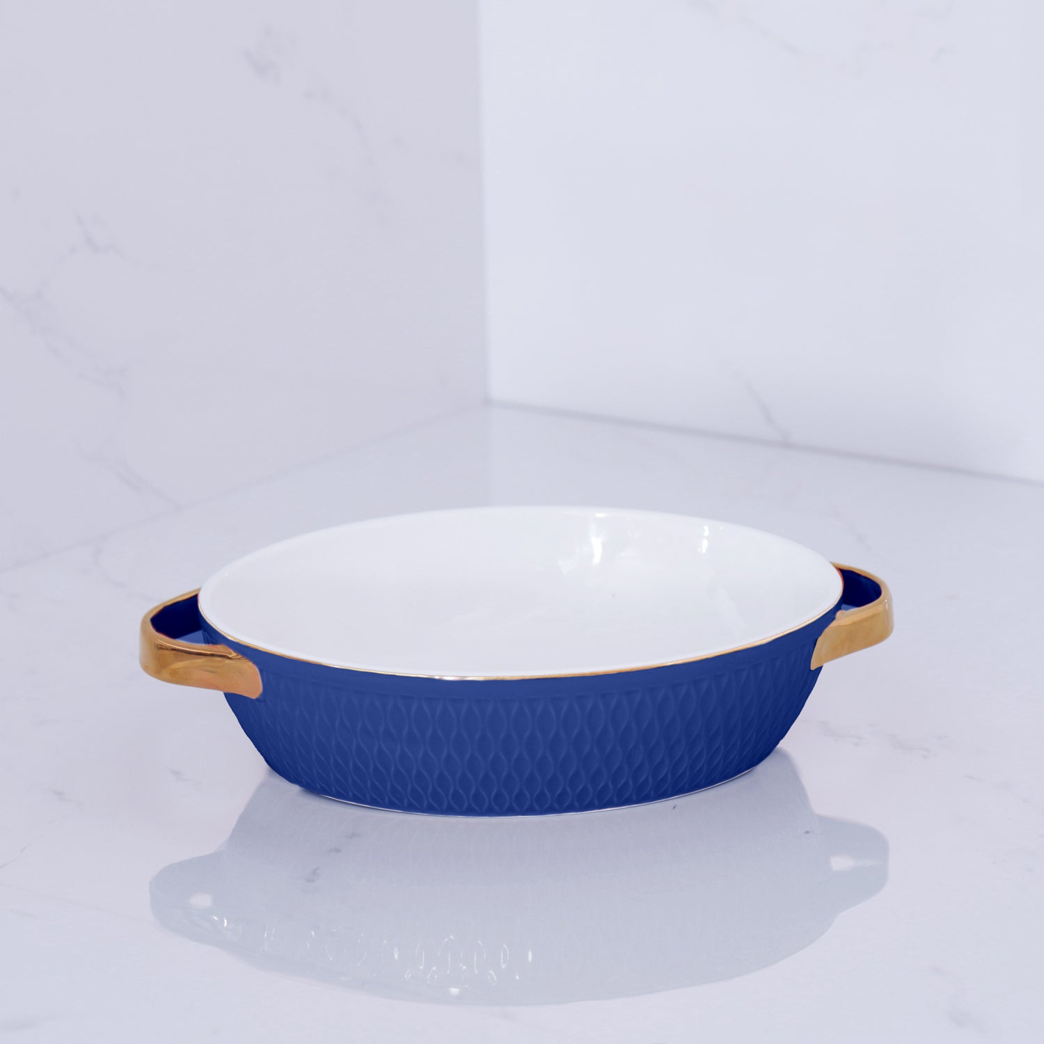 Ceramic Small Oval Baker - Blue with Gold