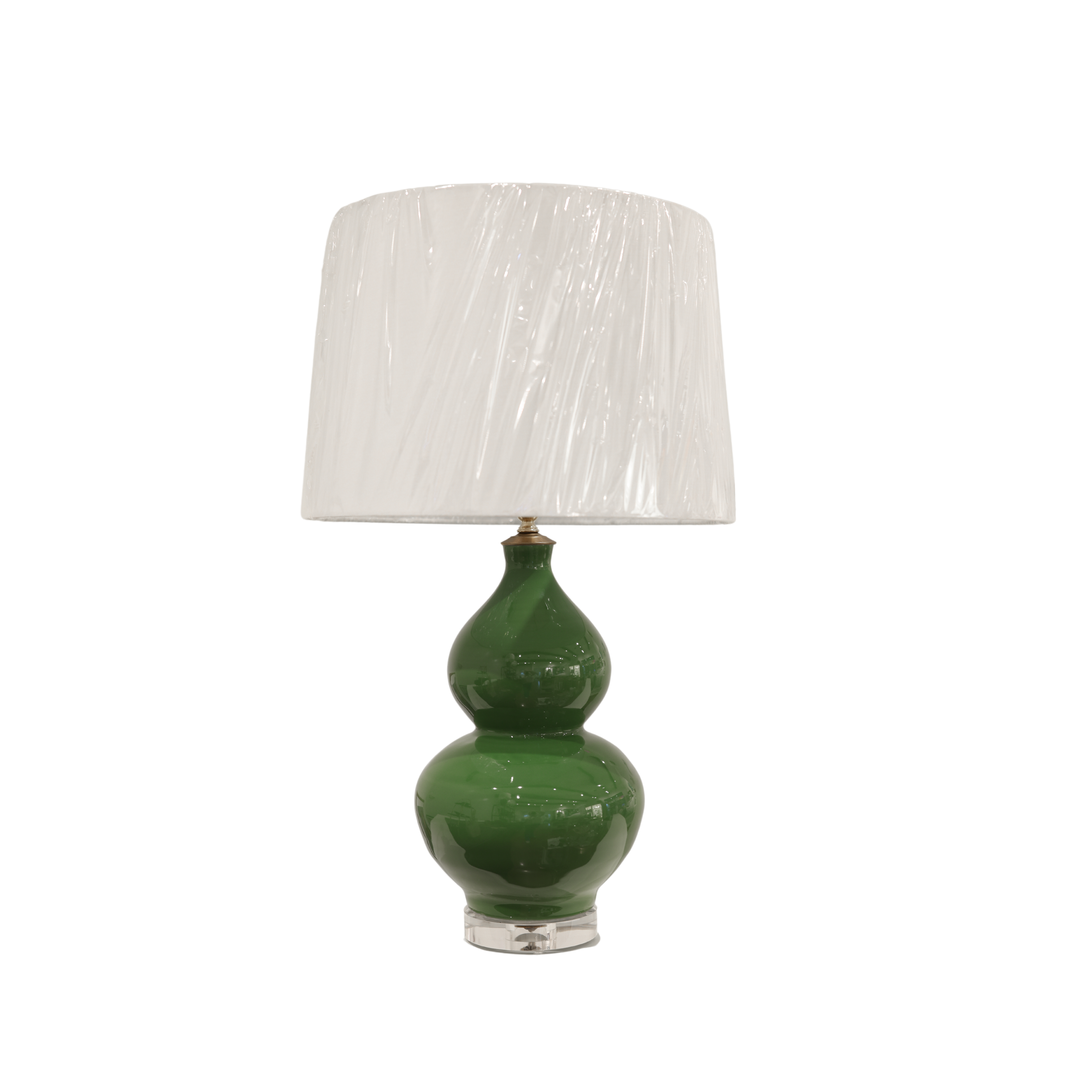 28” Porcelain Apple Green Gourd Lamp with Linen White Hard Back Drum Shade