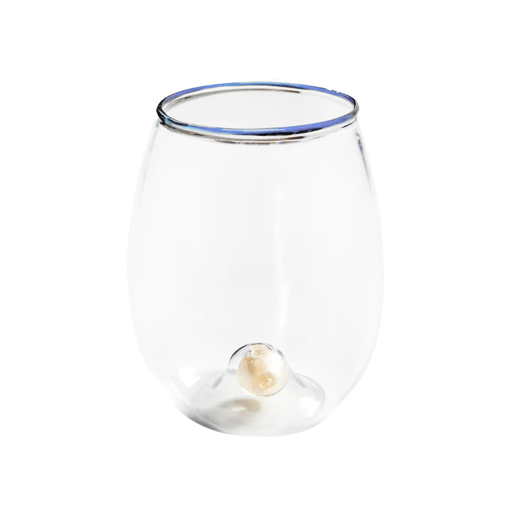 Golden Globe Stemless Wine Glass with Blue Trim Set/4