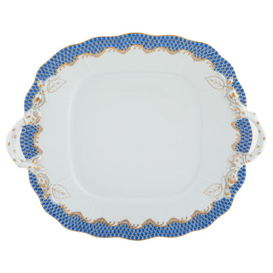 Herend White W/blue Border Square Cake Plate W/handles 9.5"sq - Blue