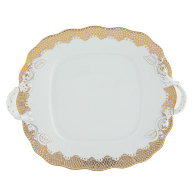 Herend White W/gold Border Square Cake Plate W/handles 9.5"sq - Gold