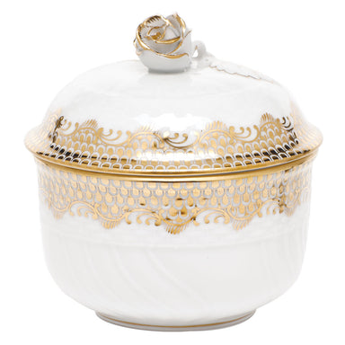 Herend White W/gold Border Cov Sugar W/rose (6 Oz) 4"h - Gold