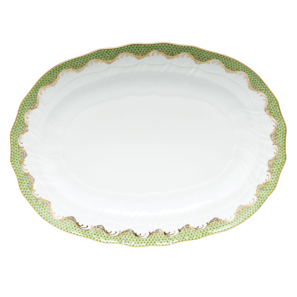 Herend White W/green Border Platter 15"l X 11.5"w - Evergreen