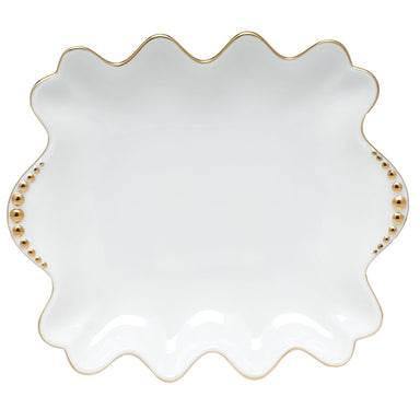 Herend White W/gold Trim Small Dish W/pearls 5.75"l X 6.75"w