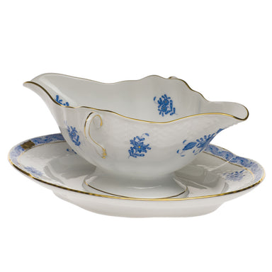 Herend Chinese Bouquet Blue Gravy Boat W/fixed Stand  0.75pt - Blue