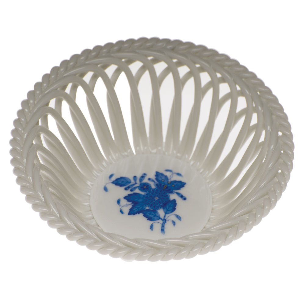 Herend Chinese Bouquet Blue Medium Openwork Basket 4.5"d - Blue