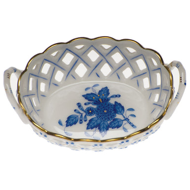 Herend Chinese Bouquet Blue Sm Openwork Basket W/handles 3.5"l X 2.5"w - Blue